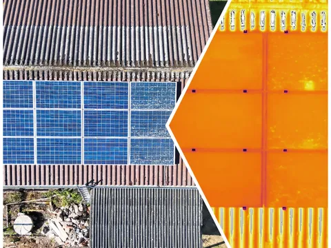 Split view of the same roof-mounted PV array: RGB drone capture on the left, thermal image revealing a cell hotspot on the right