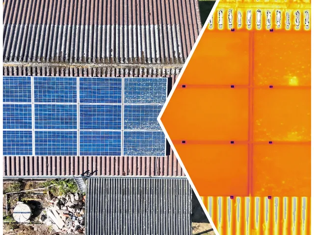 Split view of the same roof-mounted PV array: RGB drone capture on the left, thermal image revealing a cell hotspot on the right
