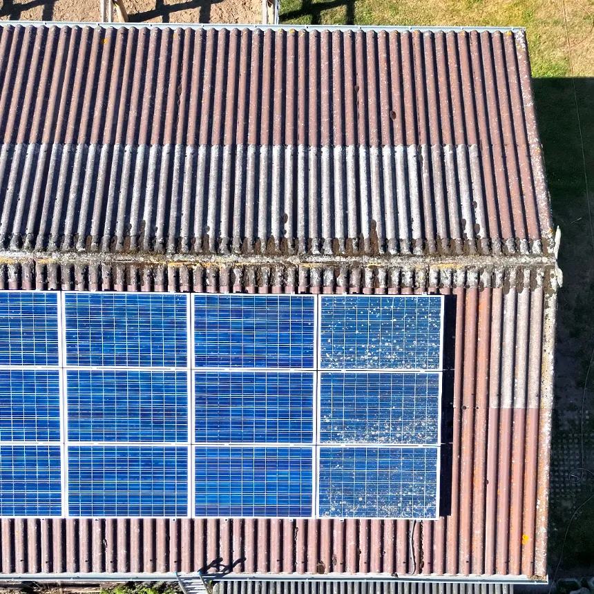 Nadir RGB capture of a roof-mounted PV array during an inspection flight